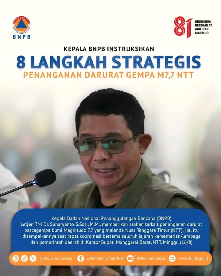 Kepala BNPB Intruksikan Delapan Langkah Strategis Percepatan Penanganan Masyarakat Terdampak Gempa Bumi M7,7 Flores, NTT